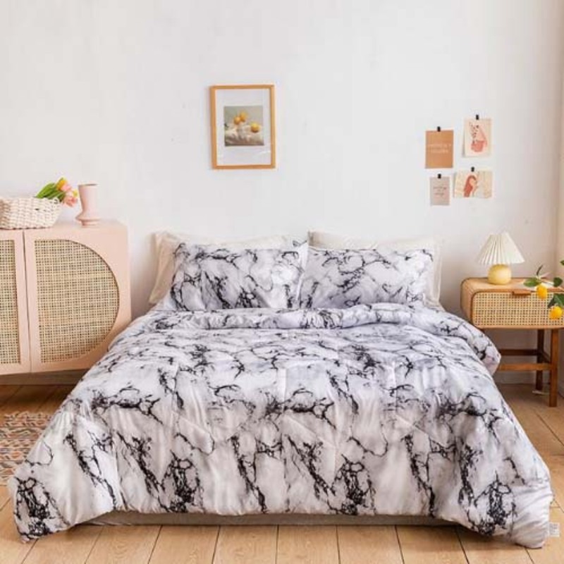 Deals for Less 4-Piece Marble Design Comforter Set, 1 Comforter + 1 Bedsheet + 2 Pillow Covers, King/Queen, Black/White