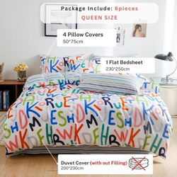 Deals For Less Luna Home 6-Piece Reversible Alphabet Design Stripped Bedsheet and Rainbow Colors Duvet Cover without Filler, 1 Duvet Cover + 1 Fitted Sheet + 4 Pillow Cases, Queen/Double, Multicolour