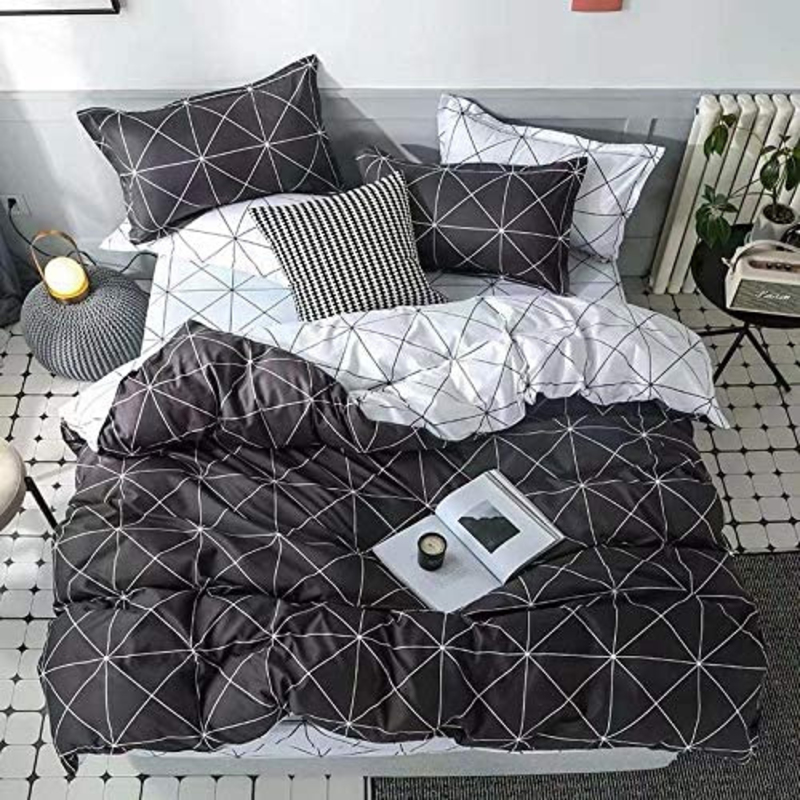 ديلز فور ليس طقم سرير من 4 قطع بتصميم مربعات هندسي، 1 غطاء لحاف + 1 شرشف بمطاط + 2 غطاء وسادة، أسود، مفرد