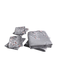 Luna Home 6-Piece Plum Blossom Print Bedding Set, 1 Duvet Cover + 1 Fitted Bedsheet + 4 Pillow Covers, Grey, Queen Size