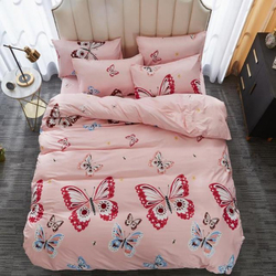 ديلز فور ليس طقم سرير من 4 قطع بتصميم فراشات جميلة، 1 غطاء لحاف + 1 شرشف بمطاط + 2 غطاء وسادة، مشمشي، مفرد
