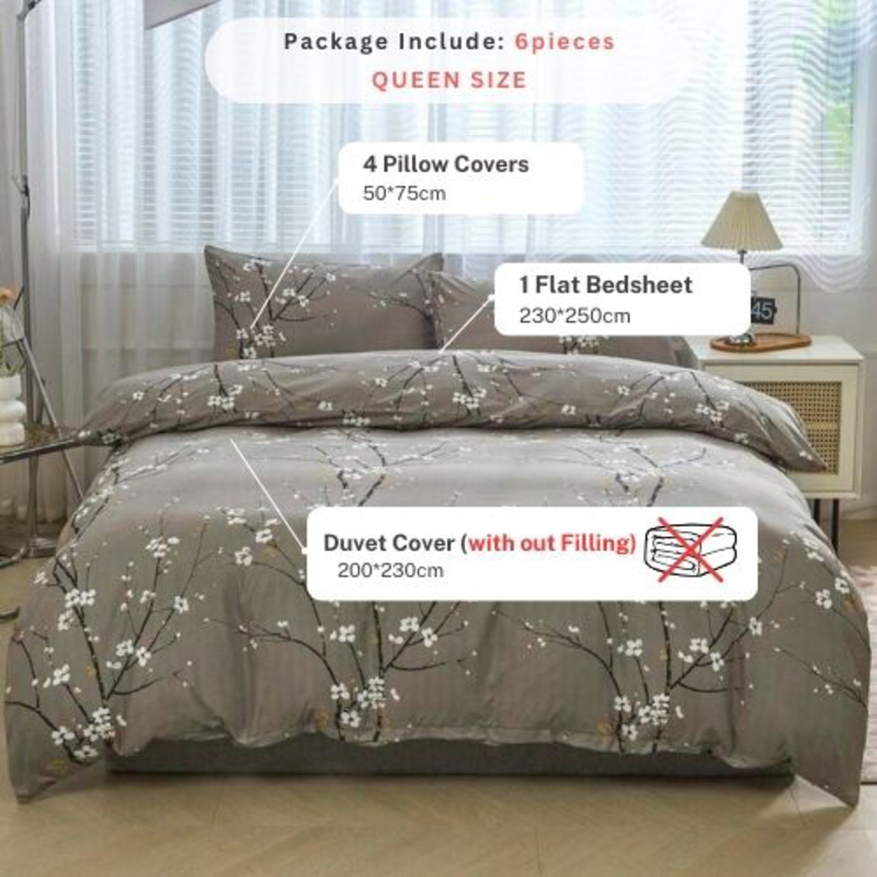 Deals For Less Luna Home 6-Piece Plum Blossom Branch Flower Design Duvet Cover Set, 1 Duvet Cover + 1 Flat Sheet + 4 Pillow Cases, Queen, Grey