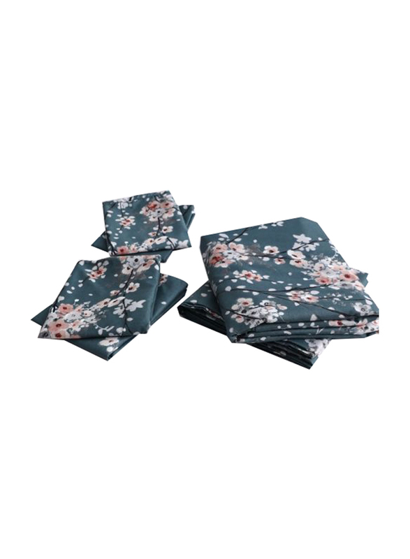Luna Home 6-Piece Aqua Green Plum Blossom Print Bedding Set, 1 Duvet Cover + 1 Fitted Bedsheet + 4 Pillow Covers, Grey, Queen Size