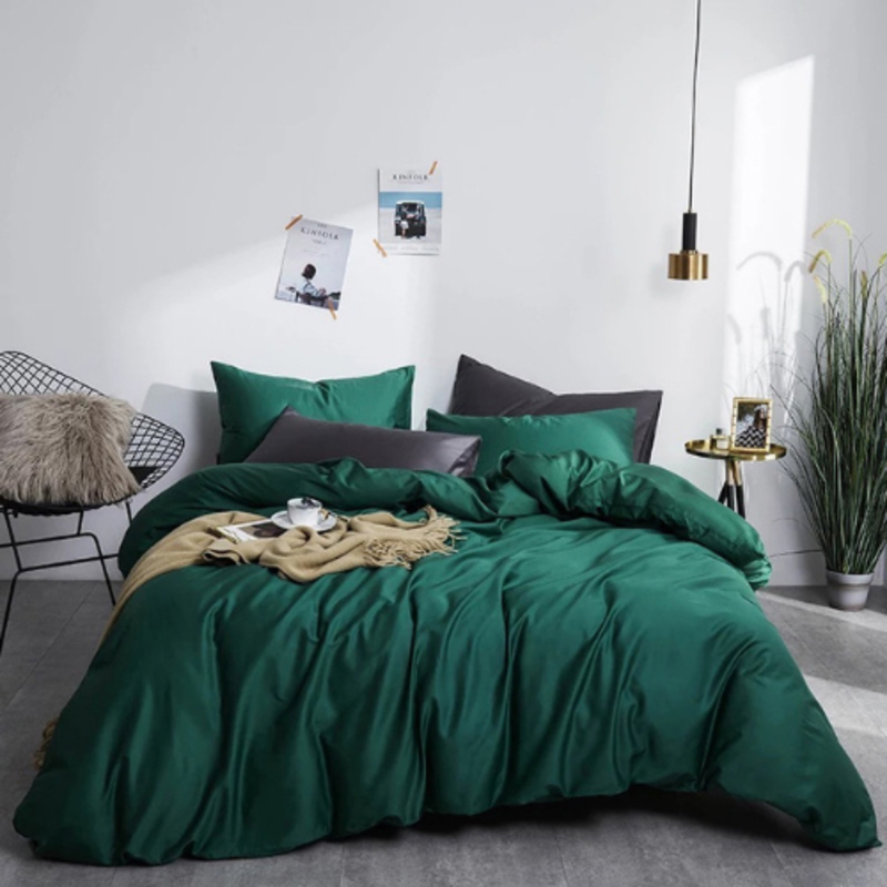 Luna Home 4-Piece Plain Emerald Bedding Set without Filler, 1 Duvet Cover + 1 Fitted Sheet + 2 Pillow Cases, Single, Green