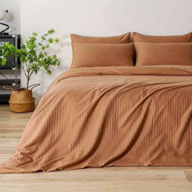 Deals For Less Luna Home 6-Piece Stripe Design Bedding Set without Filler, 1 Duvet Cover + 1 Fitted Sheet + 4 Pillow Cases, King Size, Brown Tan