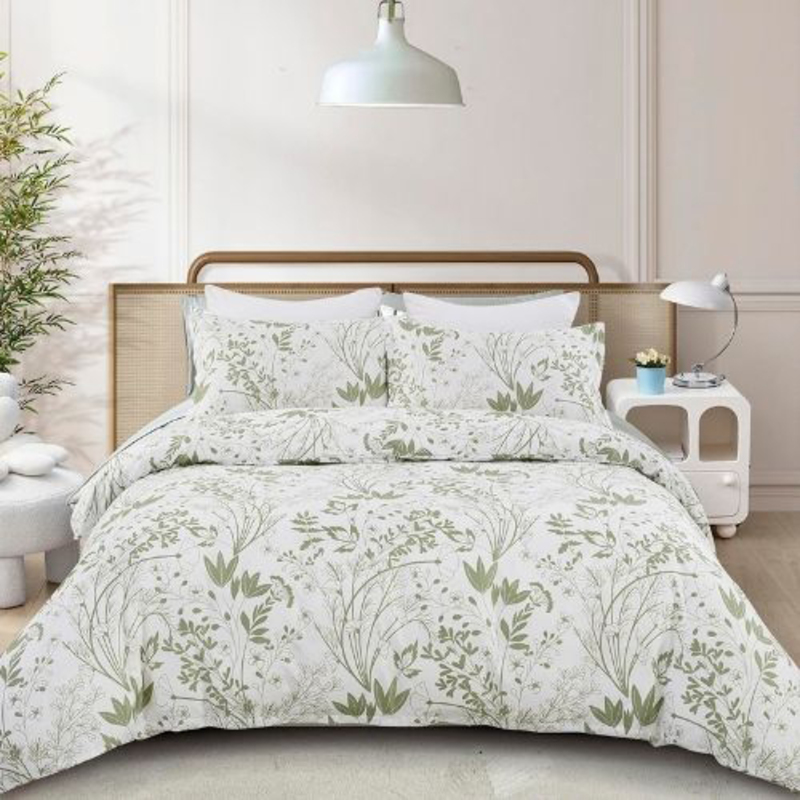 Deals For Less Luna Home 6-Piece Green Plant Leaf Design Duvet Cover Set, 1 Duvet Cover + 1 Flat Sheet + 4 Pillow Cases, Queen, Green