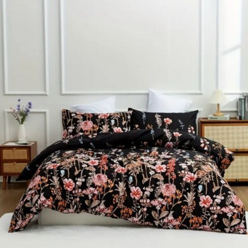 

Deals For Less LUNAHOME- 6-Piece Black Color Floral Design Duvet Cover Set, 1 Duvet Cover + 1 Flat Sheet + 4 Pillow Cases, Queen, Black