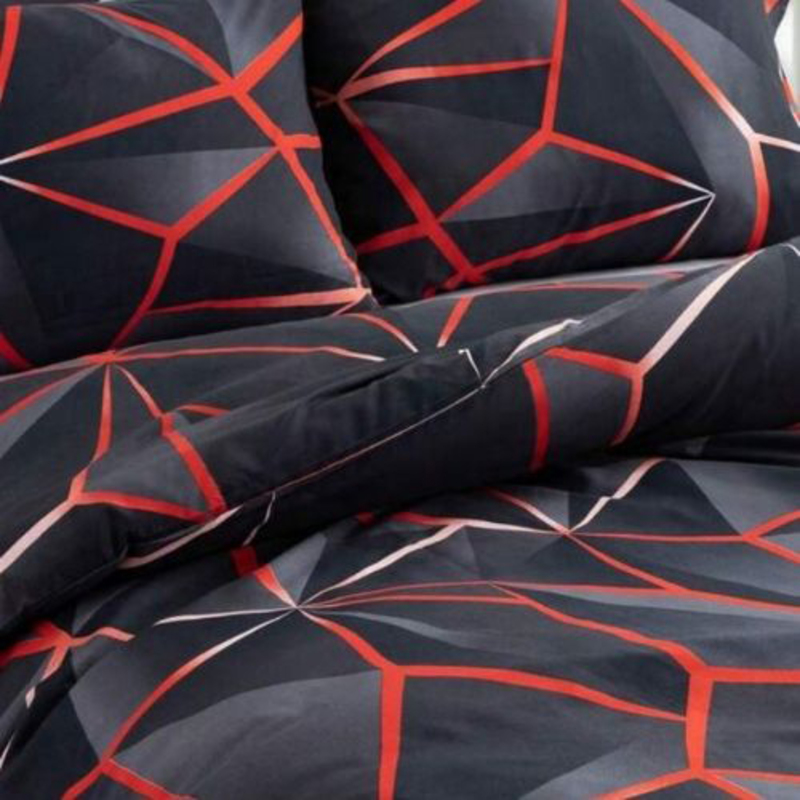 Deals For Less Luna Home 6-Piece Geometric Design Duvet Cover Set, 1 Duvet Cover + 1 Fitted Sheet + 4 Pillow Covers, King, Black/Red