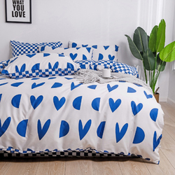 Luna Home 4-Piece Hearts and Checkered Design without Filler Bedding Set, 1 Duvet Cover + 1 Flat sheet + 2 Pillow Covers, Single, Blue/White