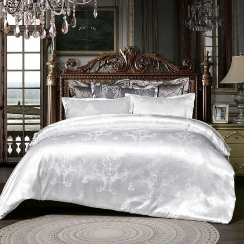 Deals For Less Luna Home Satin Jacquard 6-Piece White Bohemia Style Bedding Set, 1 Duvet Cover + 1 Fitted Sheet + 4 Pillow Cases, King, White