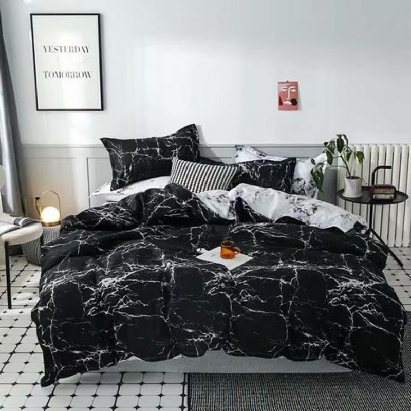Deals For Less 4-Piece Marble Design Bedding Set, 1 Duvet Cover + 1 Fitted Bedsheet + 2 Pillow Covers, Black, Single