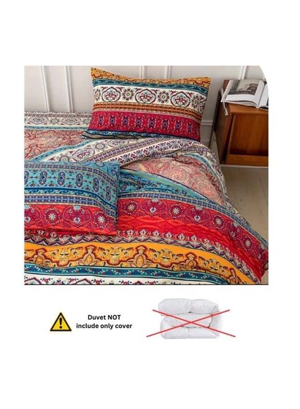 Luna Home 6-Piece Duvet Cover Set, 1 Duvet Cover + 1 Fitted Sheet + 4 Pillow Covers, Colourful Bohemian Details, Queen, Multicolour