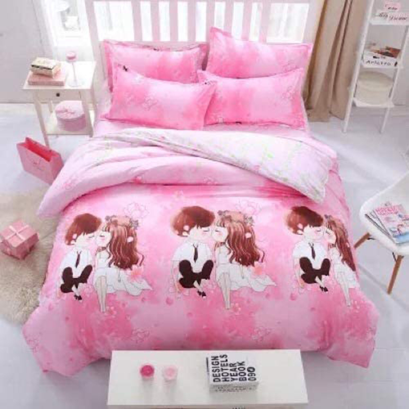 Deals For Less 4-Piece Lovers Design Bedding Set, 1 Duvet Cover + 1 Fitted Bedsheet + 2 Pillow Covers, Pink, Single