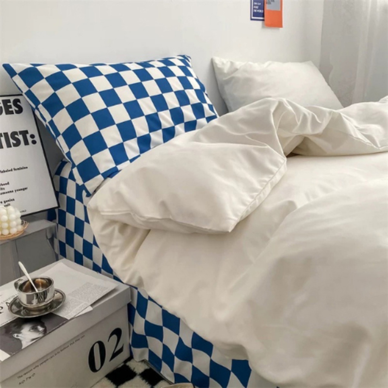 Luna Home 4-Piece Checkered Design without Filler Bedding Set, 1 Duvet Cover + 1 Flat sheet + 2 Pillow Covers, Single, Off White/Blue