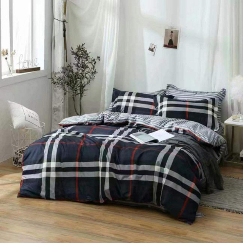 Deals For Less 4-Piece Checkered Design Bedding Set, 1 Duvet Cover + 1 Fitted Bedsheet + 2 Pillow Covers, Blue/White, Single