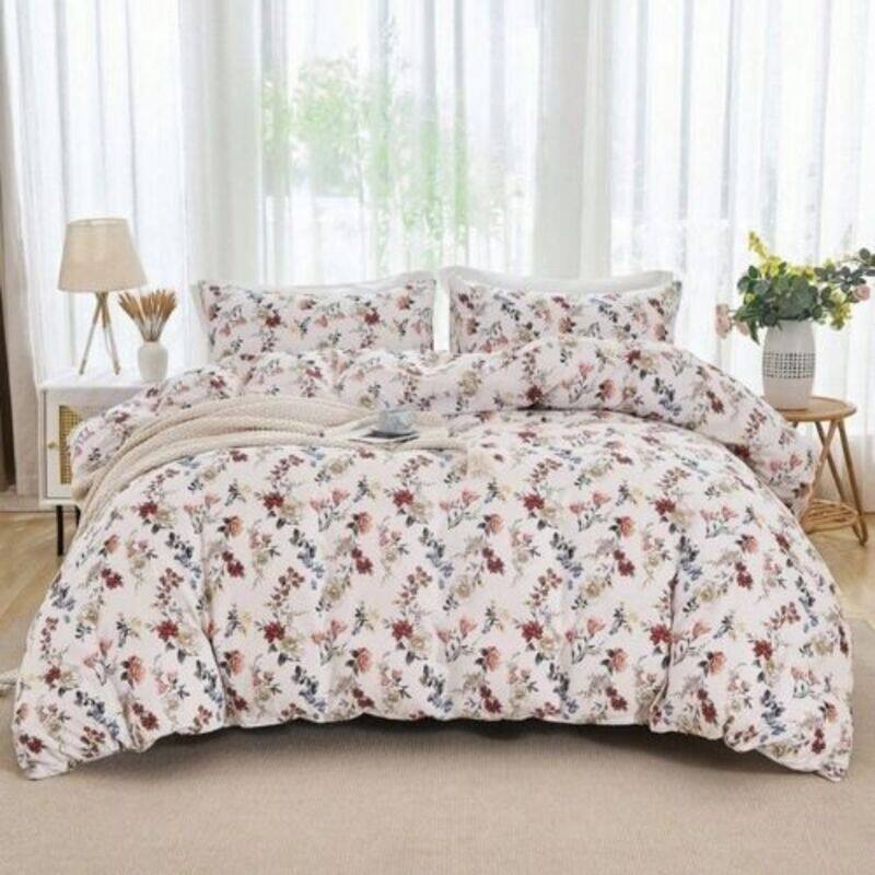 

LUNA Home-King size 6-piece trendy red floral duvet cover set, white color.