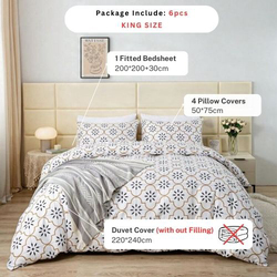 Deals For Less Luna Home 6-Piece Modern Tile Print Duvet Cover Bedding Set, 1 Duvet Cover + 1 Fitted Sheet + 4 Pillow Cases, King, White