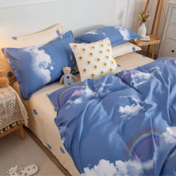 ديلز فور ليس لونا هوم طقم سرير بتصميم كرتوني بتصميم كرتوني من 4 قطع بألوان قوس قزح ، بدون حشو ، 1 غطاء لحاف + 1 ملاءة جاهزة + 2 كيس وسادة ، مفرد ، أزرق سماوي