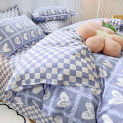 Luna Home 4-Piece Heart Checkered Design Bedding Set without Filler, 1 Duvet Cover + 1 Flat Sheet + 2 Pillow Cases, Single, Blue