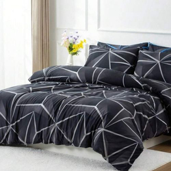 Deals For Less Luna Home 6-Piece Geometric Design Duvet Cover Set, 1 Duvet Cover + 1 Fitted Sheet + 4 Pillow Covers, King, Black/Grey
