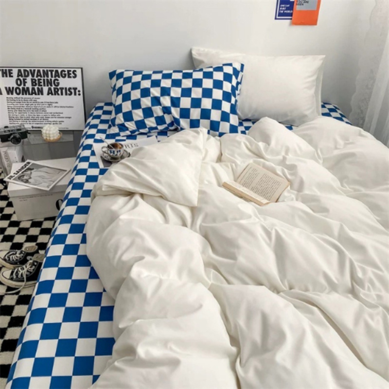 Luna Home 4-Piece Checkered Design without Filler Bedding Set, 1 Duvet Cover + 1 Flat sheet + 2 Pillow Covers, Single, Off White/Blue