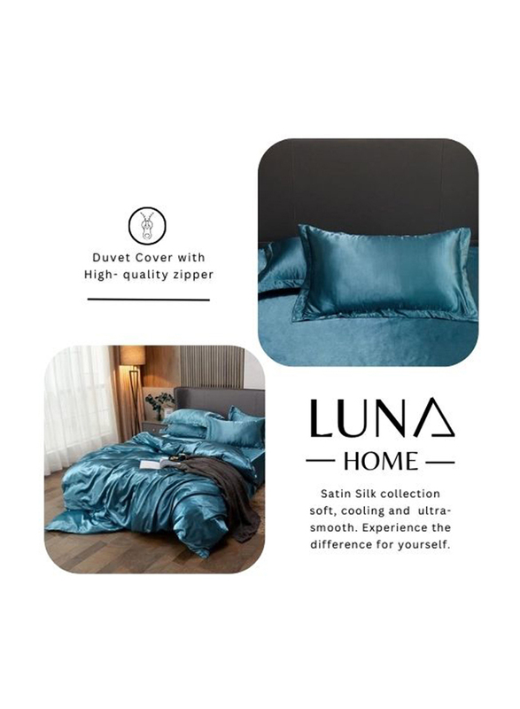 Deals For Less Luna Home 6-Piece Plain Bedding Set, 1 Duvet Cover + 1 Fitted Sheet + 4 Pillow Cases, Silky Satin, King Size, Blue