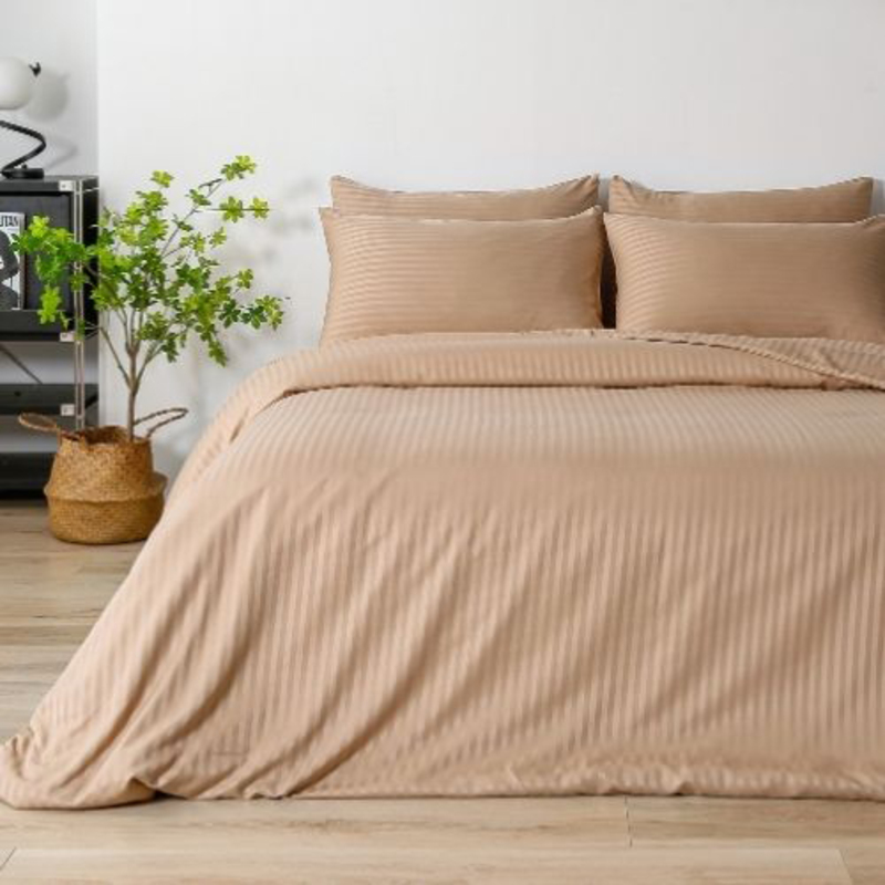 Deals For Less Luna Home 6-Piece Stripe Design Bedding Set without Filler, 1 Duvet Cover + 1 Fitted Sheet + 4 Pillow Cases, King Size, Golden/Brown