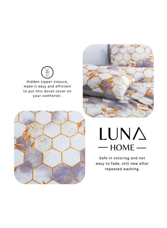 Deals For Less Luna Home 4-Piece Marble Design Duvet Cover Set, 1 Duvet Cover + 1 Fitted Sheet + 2 Pillow Covers, Single, White/Purple