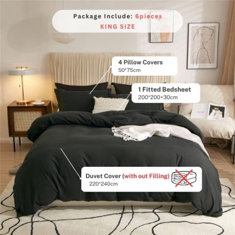 Luna Home 6-Piece Duvet Cover Set, 1 Duvet Cover + 1 Fitted Sheet + 4 Pillow Covers, King, Black
