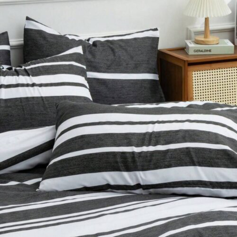 Deals For Less Luna Home 6-Piece Stripe Design Bedding Set, 1 Duvet Cover + 1 Fitted Sheet + 4 Pillow Cases, King Size, Black