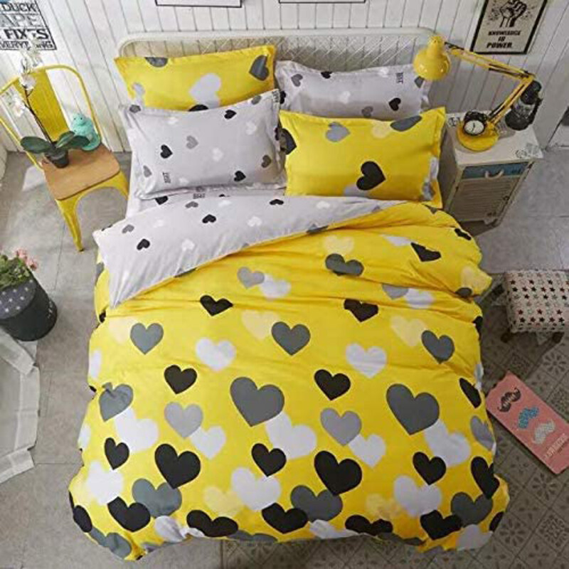 

Deals For Less 6-Piece Hearts Design Bedding Set, 1 Duvet Cover + 1 Flat Bedsheet + 4 Pillow Covers, Yellow/Grey, Queen/Double