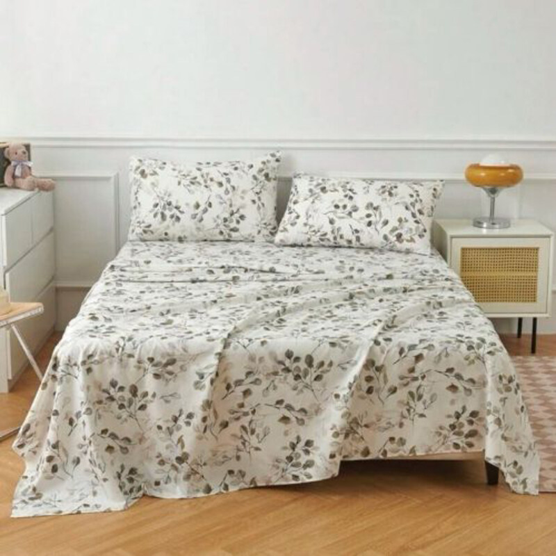 

Luna Home 4-Piece Leaves Design Bedsheet Set, 1 Fitted Sheet + 1 Flat Sheet + 2 Pillow Cases, Grey