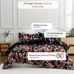 Deals For Less Luna Home 6-Piece Black Color Floral Design Duvet Cover Set, 1 Duvet Cover + 1 Fitted Sheet + 4 Pillow Cases, King, Black