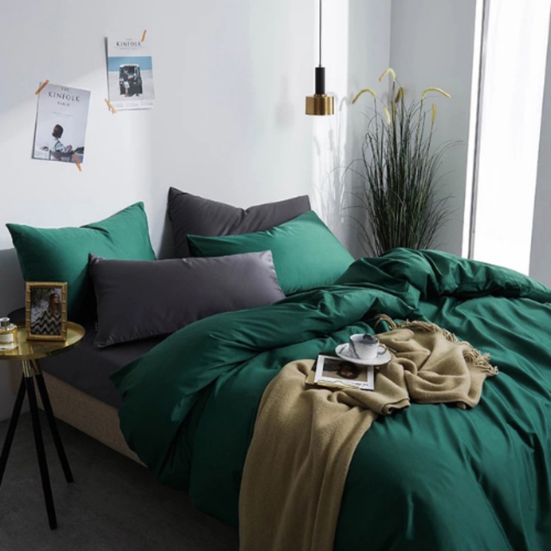 Luna Home 4-Piece Plain Emerald Bedding Set without Filler, 1 Duvet Cover + 1 Fitted Sheet + 2 Pillow Cases, Single, Green