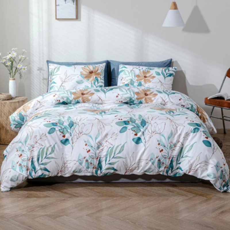 Deals For Less 6-Piece Luna Home Leaves Design Bedding Set, 1 Duvet Cover + 1 Fitted Bedsheet + 4 Pillow Covers, King, Pearl White/Blue