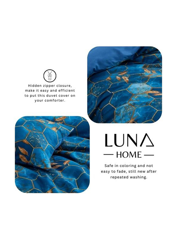 Deals For Less Luna Home 4-Piece Marble Design Duvet Cover Set, 1 Duvet Cover + 1 Fitted Sheet + 2 Pillow Covers, Single, Blue