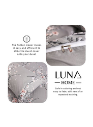 Luna Home 6-Piece Plum Blossom Print Bedding Set, 1 Duvet Cover + 1 Fitted Bedsheet + 4 Pillow Covers, Grey, King Size