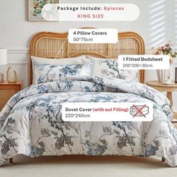 Luna Home 6-Piece Duvet Cover Set, 1 Duvet Cover + 1 Fitted Sheet + 4 Pillow Covers, Tree with Blue and Grey Leaves Details, King, Multicolour