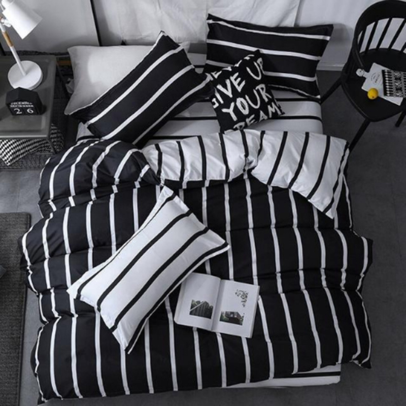 Deals For Less 4-Piece Stripes Design Bedding Set, 1 Duvet Cover + 1 Fitted Bedsheet + 2 Pillow Covers, Black/White, Single
