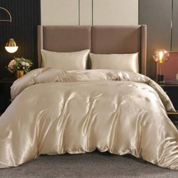 Deals For Less Luna Home 6-Piece Plain Bedding Set, 1 Duvet Cover + 1 Fitted Sheet + 4 Pillow Cases, Silky Satin, King Size, Beige