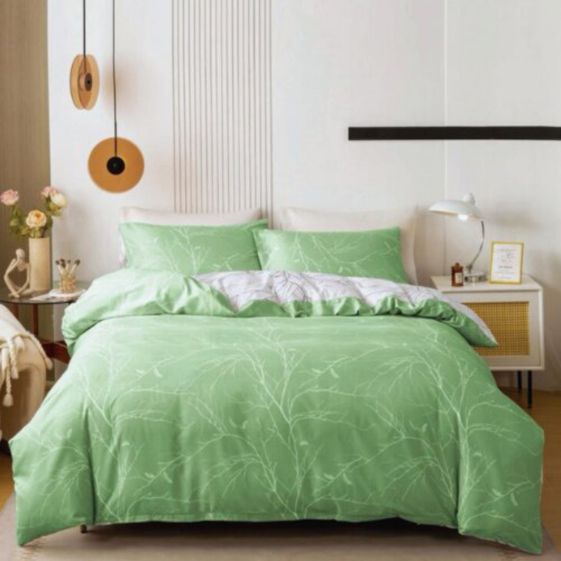 Luna Home 6-Piece Without Filler, Twigs Design Bedding Set, 1 Duvet Cover + 1 Flat Bedsheet + 4 Pillow Covers, Green, Queen Size