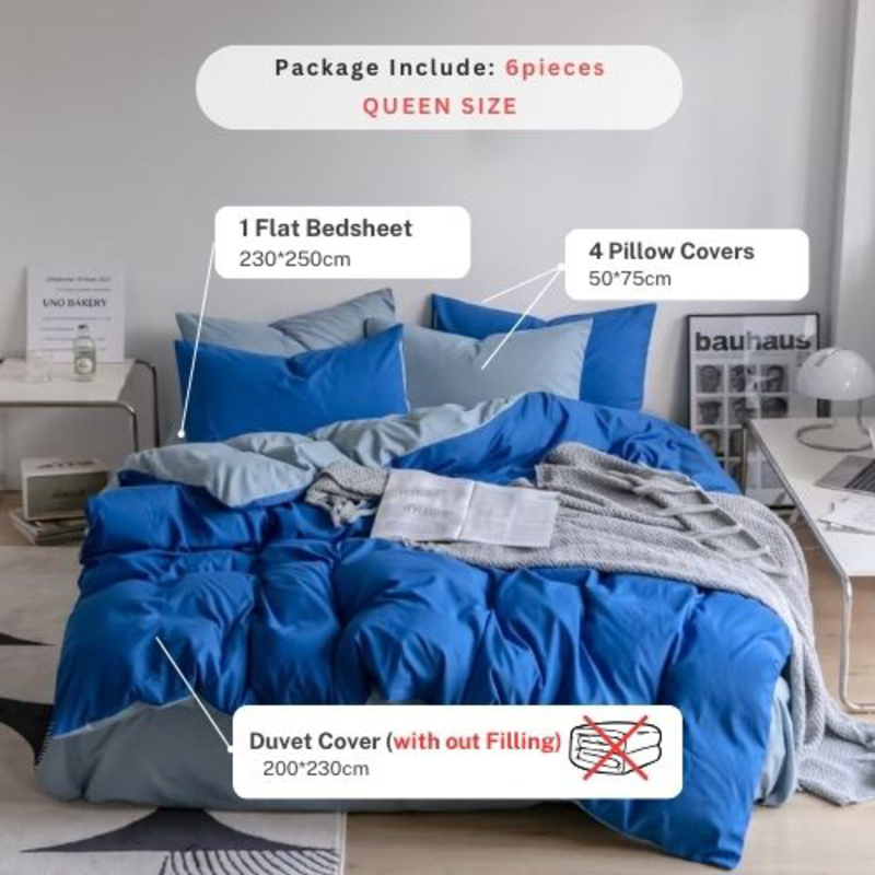 Deals For Less Luna Home Premium 6-Piece Korean Reversible Plain Bedding Set, 1 Duvet Cover + 1 Fitted Sheet + 4 Pillow Cases, Queen/Double, Grey/Blue