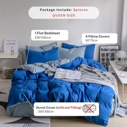 Deals For Less Luna Home Premium 6-Piece Korean Reversible Plain Bedding Set, 1 Duvet Cover + 1 Fitted Sheet + 4 Pillow Cases, Queen/Double, Grey/Blue