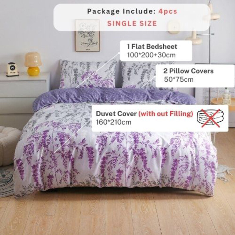 Luna Home 4-Piece Wisteria Design Bedding Set, 1 Duvet Cover + 1 Fitted Bedsheet + 2 Pillow Covers, White/Purple, Single Size