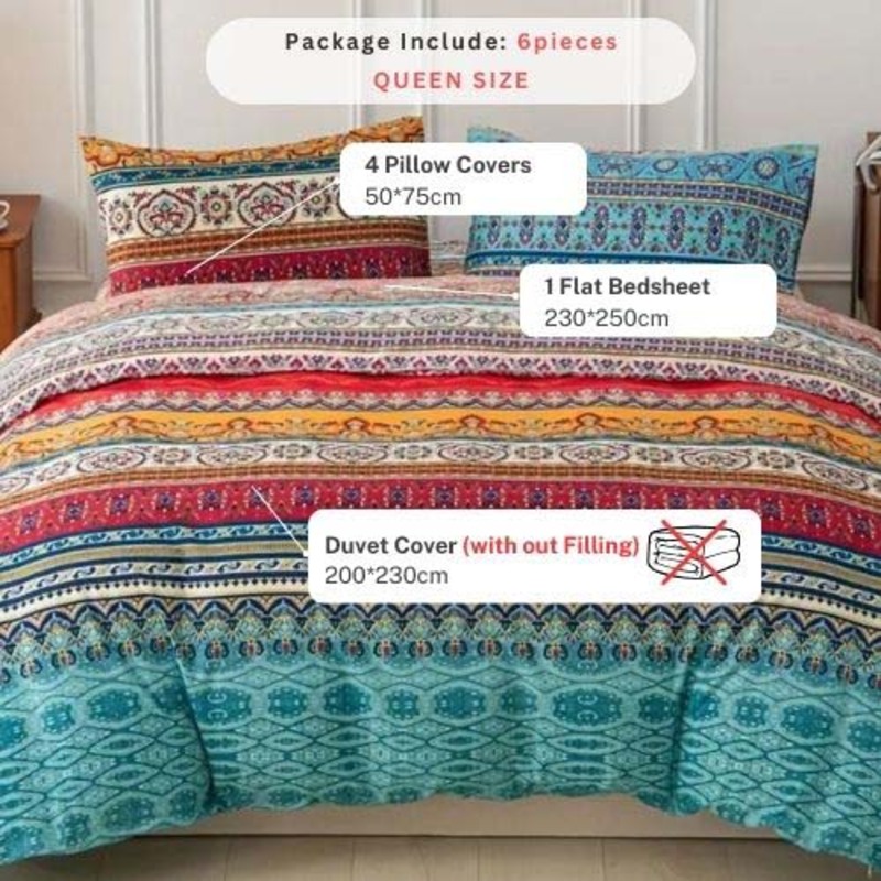 Luna Home 6-Piece Duvet Cover Set, 1 Duvet Cover + 1 Fitted Sheet + 4 Pillow Covers, Colourful Bohemian Details, Queen, Multicolour