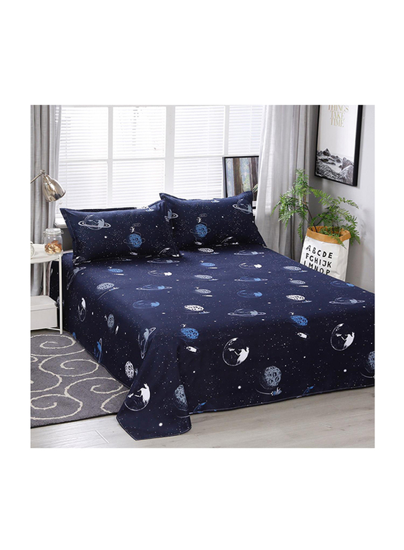 Deals4Less 3-Piece Planet Design Bedding Set, 1 Flat Sheet + 2 Pillow Covers, Blue, King/Queen/Double