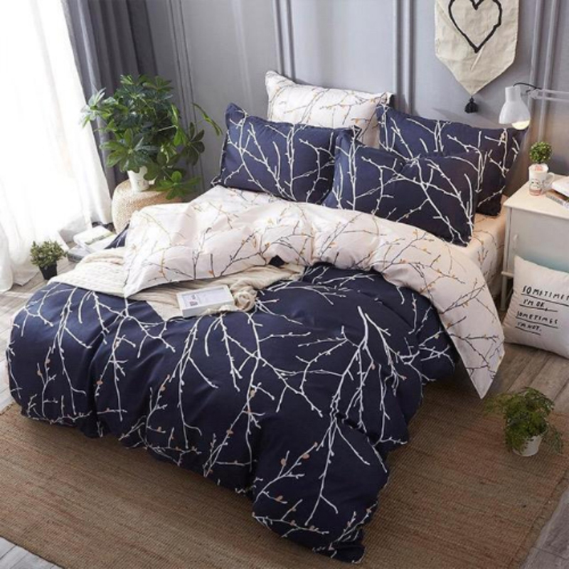 Deals For Less 6-Piece Twig Design Duvet Cover Set, 1 Duvet Cover + 1 Flat Sheet + 4 Pillow Cases, Queen/Double, Dark Blue