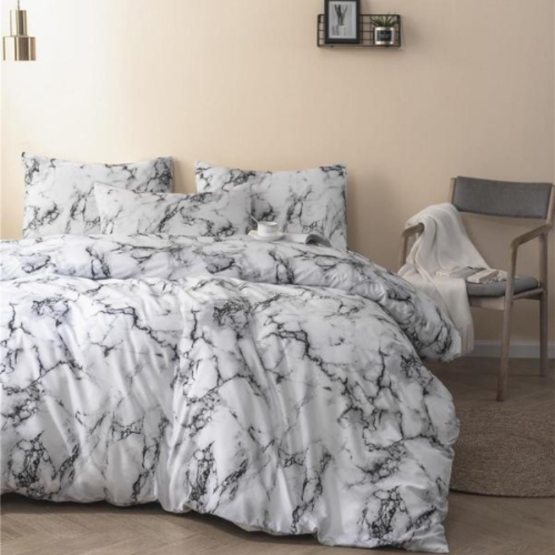 Deals For Less 6-Piece Marble Design Bedding Set, 1 Duvet Cover + 1 Flat Bedsheet + 4 Pillow Covers, White, Queen/Double