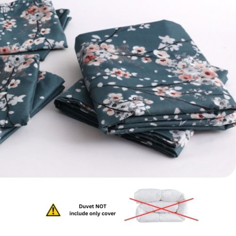 Luna Home 6-Piece Aqua Green Plum Blossom Print Bedding Set, 1 Duvet Cover + 1 Fitted Bedsheet + 4 Pillow Covers, Grey, King Size