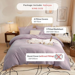 Luna Home 6-Piece Duvet Cover Set, 1 Duvet Cover + 1 Fitted Sheet + 4 Pillow Covers, King, Lavender Purple